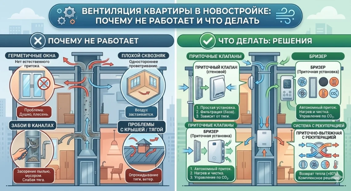 Вентиляция квартиры в новостройке: почему не работает штатная система и как это исправить — Вентрика